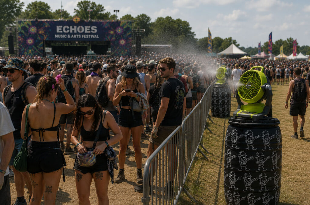 Water Misting Station a big music event queue of people with misting station keeping them cool